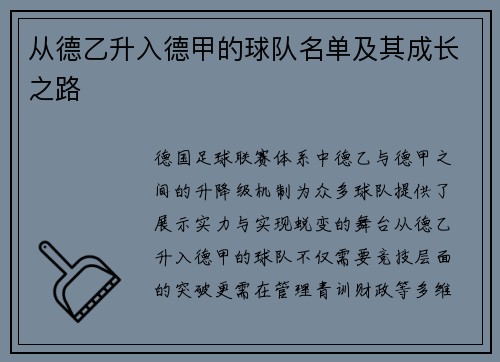 从德乙升入德甲的球队名单及其成长之路